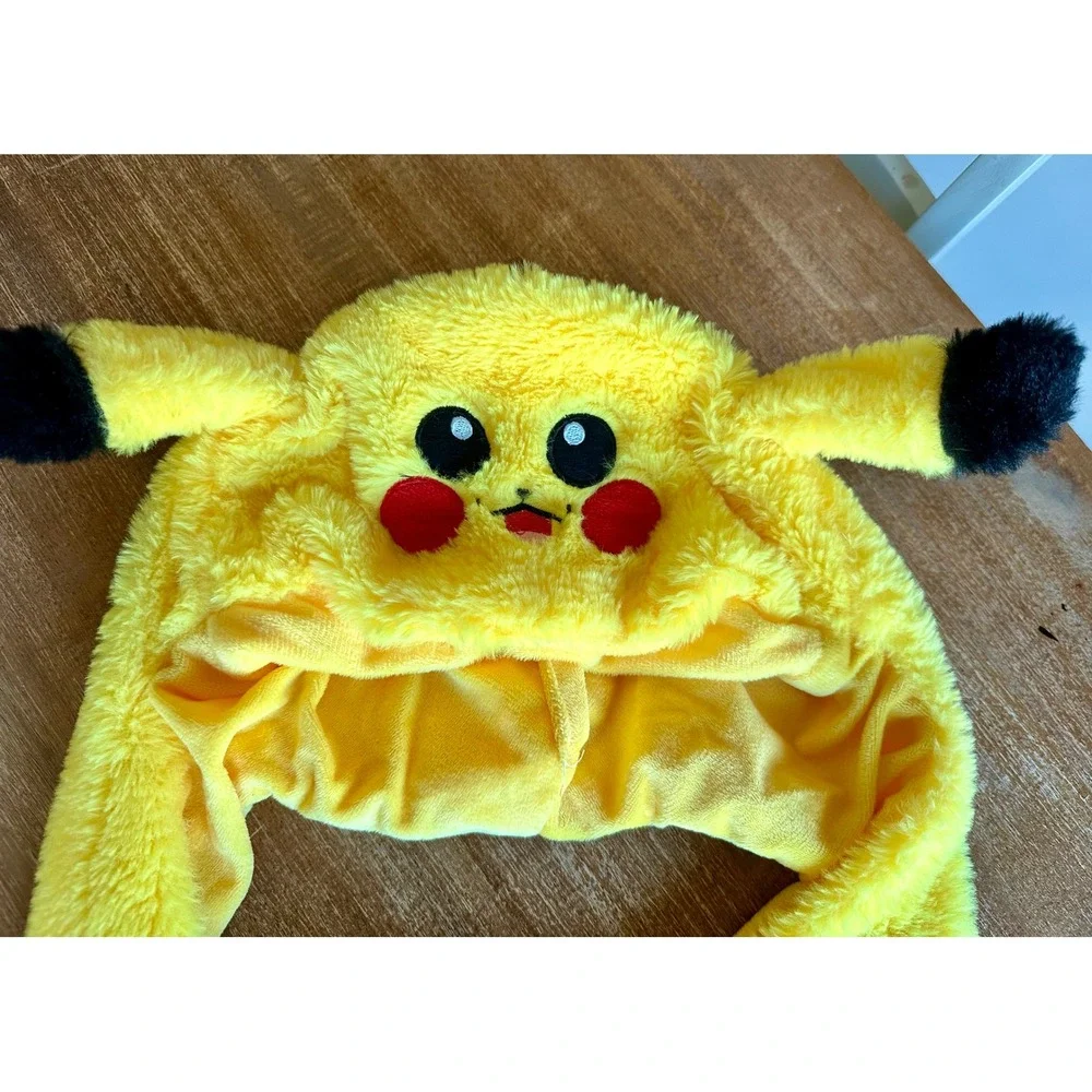 Pikachu Plush Hat Long Paw Mittens Yellow Fuzzy Pokemon Style Kids Accessory